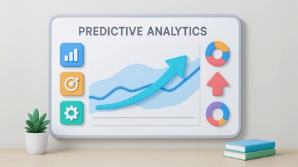 Predictive analytics graph with upward arrow, colorful data chart on whiteboard, modern office desk and wooden workspace featuring plant and books, business growth ideas