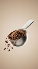 Stainless steel scoop filled with ground coffee and beans spilling out