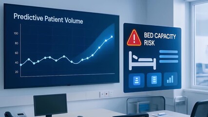 Hospital data visualization predictive analytics patient volume graph bed capacity risk medical monitoring healthcare technology hospital room computer screen data chart healthcare management - Powered by Adobe