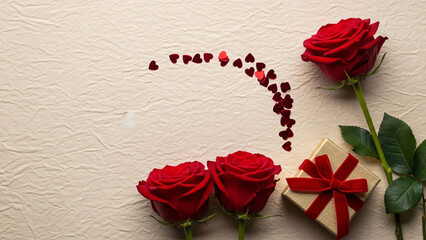 Romantic Flat Lay with Three Red Roses, Sparkling Gold Gift Box, and Red Heart Confetti on a Textured Cream Background