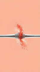Two makeup brushes creating a vibrant coral powder explosion against a peach background