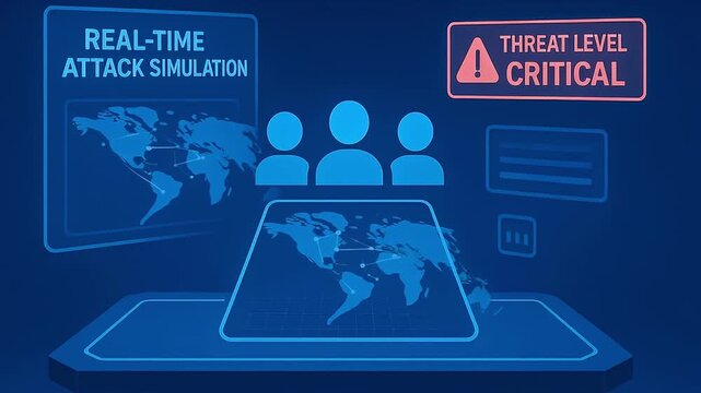 Real time attack simulation critical threat level warning global network map digital cybersecurity alert showing cyber attack risk monitoring system for urgent response and defense