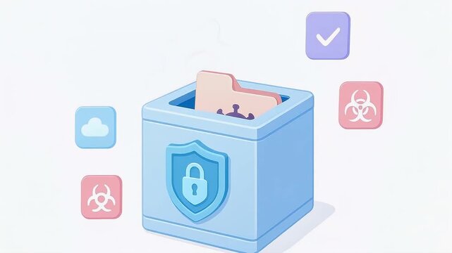 Digital data protection folder shield lock cybersecurity cloud checkmark biohazard security secure virus virus protection robotic hand placing file into secure box illustrating safe information