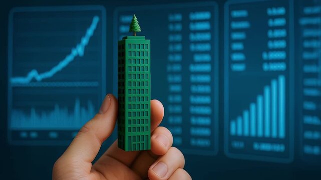 Green building model held by hand with tree on top symbolizing sustainable architecture eco friendly urban development and investment growth against financial data background trends