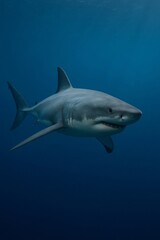 Obraz premium Great white shark Carcharodon carcharias swimming gracefully through clear blue water. Predator moving underwater