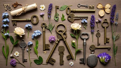 Vintage Keys and Flowers Arrangement Display.