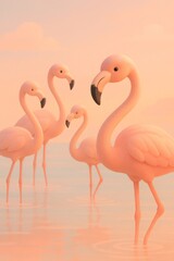 Fototapeta premium Four gentle flamingos finding calm in warm, pastel colored shallow water under soft light, creating a tranquil scene