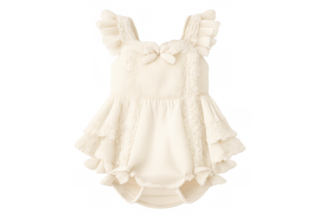 Adorable baby romper in cream color featuring ruffles, lace texture, and a delicate bow detail, for fashion and clothing concepts