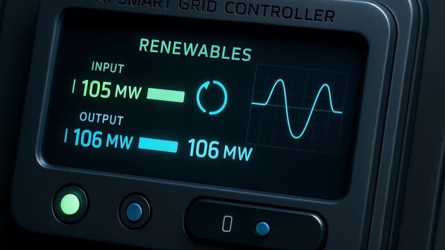 Renewable energy input and output data displayed on digital smart grid controller screen with megawatt power levels, waveform graph, and control buttons glowing for sustainable power management