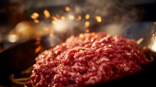 Detailed shot of steaming ground meat on a stainless steel surface, emphasizing the vibrant red color and natural grain of the meat fibers