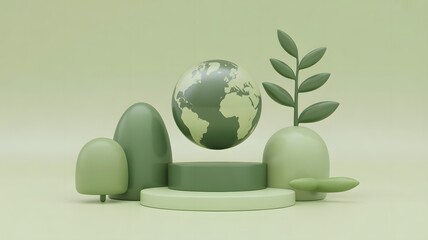3D rendering of a green Earth globe floating above a podium with abstract organic shapes and plants, symbolizing environmental protection and sustainability.