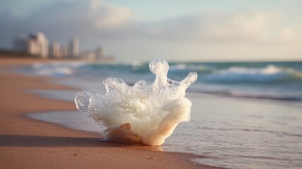 Delicate seafoam formation on a sandy beach with blurred ocean and distant city skyline.