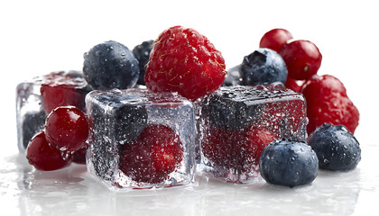 Macro shot of juicy berries and melting ice evoking cool freshness, on white background
