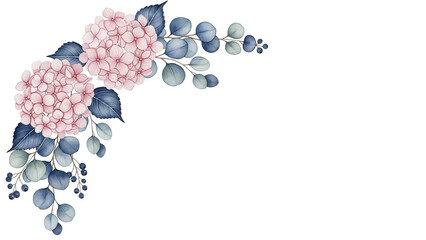 Soft watercolor corner composition with hydrangeas and eucalyptus in navy and dusty rose isolated on white background.png