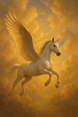 Fototapeta premium White winged horse soaring through warm, sunlit clouds, embodying freedom, mythology, and grace. Fantasy scene