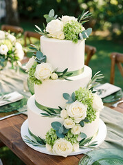 Three tiered white wedding cake decorated with cream roses and foliage for outdoor garden wedding reception promotion