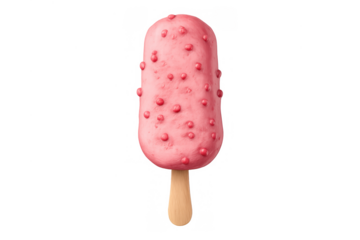 Pink popsicle with red sprinkles on a wooden stick, a refreshing summer treat. Transparent background