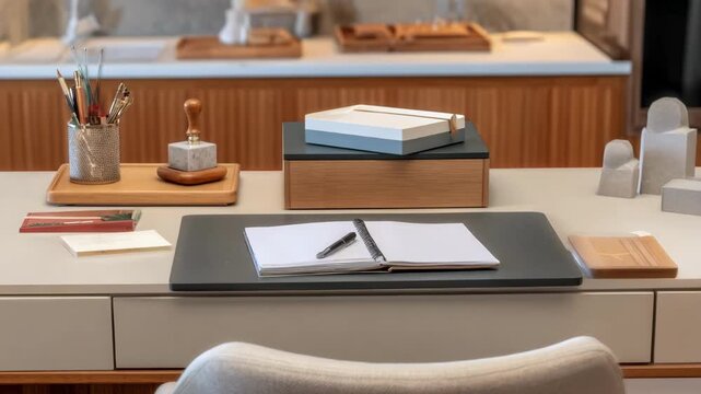 Contemporary workspace with a mixed material desk highlighting essential notary supplies and clean layout perfect for signing documents.