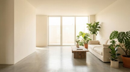 Minimalist living room interior with beige sofa, indoor plants and large empty white wall for mockup