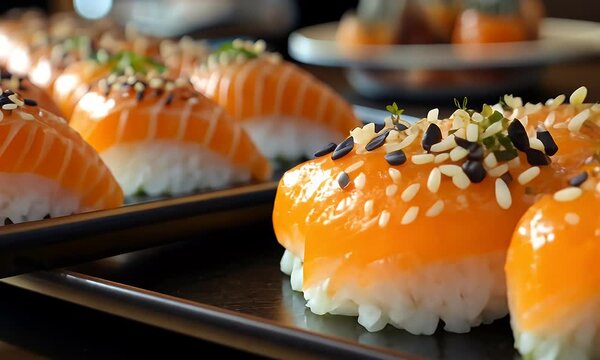 Fresh salmon sushi nigiri topped with black and white sesame seeds and green onions, neatly arranged in a row on a dark plate for a delicious Japanese culinary presentation.