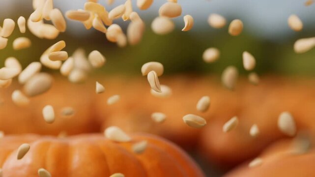 Pumpkin patch with falling seeds creating an autumn harvest atmosphere