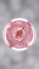 Delicate pink rosebud floats in a clear pink liquid sphere with water droplets