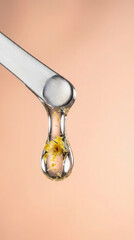 Close-up of a clear liquid drop with yellow flower petals falling from a metal spatula