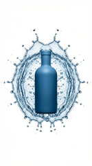 Blue bottle submerged in a dynamic water splash, isolated on white background