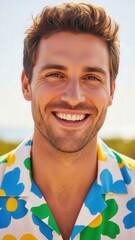 Smiling man in floral shirt outdoors.