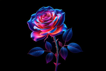 Glowing neon rose with volumetric red and blue gradient petals on black background