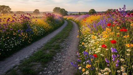 Winding Dirt Road Through Vibrant Wildflowers.