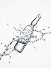 Shattered glass ampoule with liquid splashing in dynamic motion against white background