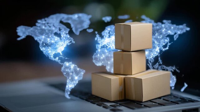 Miniature cardboard boxes stacked on laptop keyboard, holographic world map projected behind, emphasizing cross-border online commerce regulations