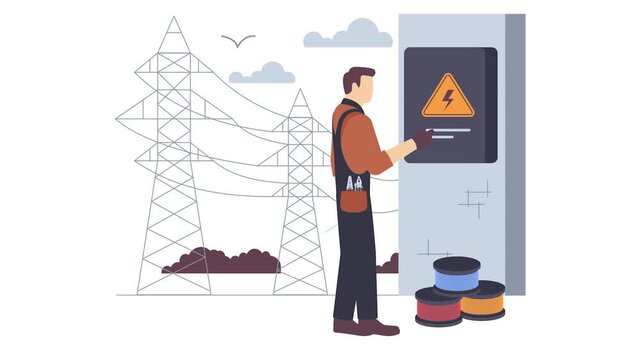 Electrician installing MCB Panel while standing animation, Person with distribution box animated video, Electricity Profession Clip, Low High Voltage Power Supply footage, Handyman repairman motion