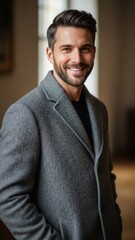 Smiling man in gray suit indoors.