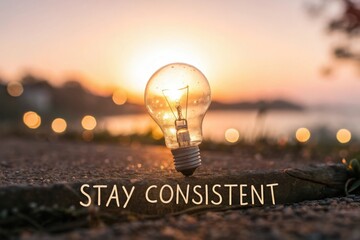 Light Bulb Glowing at Sunrise with Stay Consistent Quote Inspiration
