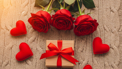 Romantic Flat Lay of Three Red Roses, A Kraft Gift Box Wrapped with Red Ribbon, and Felt Hearts on a Cozy Knitted Sweater