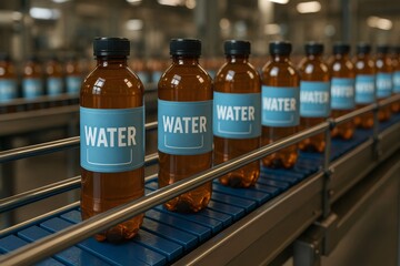 Water bottles with labeled text moving along a conveyor belt in a factory, representing packaging, technology, and manufacturing processes