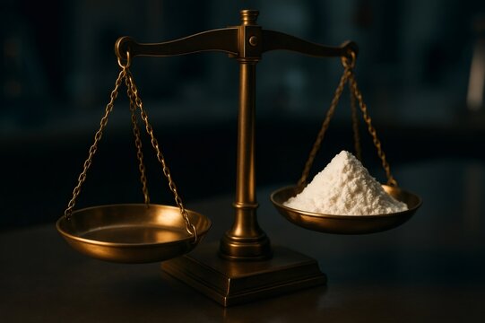 Balance scale holding white powder in one pan, illustrating concepts of measurement, weight, precision, and ingredient quantities