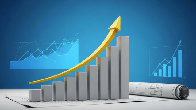 3D bar chart with growth arrow and blueprint background - Powered by Adobe