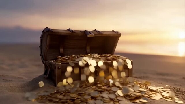Ancient treasure chest opens on sandy beach revealing gold coins at sunset