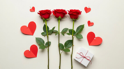 Romantic Flat Lay Composition Featuring Three Vibrant Red Roses, Paper Hearts, and a Gift Box for Valentine's Day