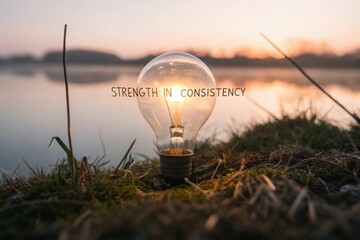 Light Bulb Glowing with Quote Strength in Consistency at Sunrise