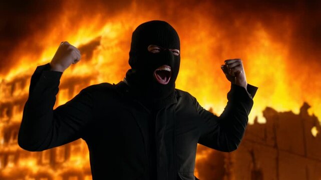 Masked individual celebrating against fiery background in dramatic sequence