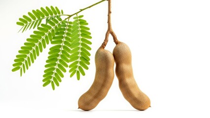 Tamarind Pods Hanging from a Branch with Green Leaves fruit
