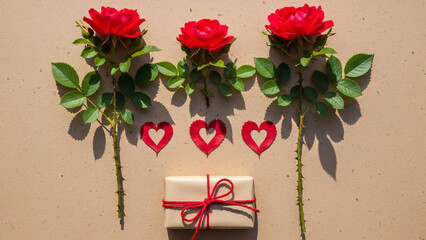Romantic Composition of Three Red Roses, Heart Cutouts, and a Kraft Paper Gift Box with Red Ribbon