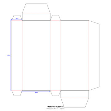 Medicine Pharma Box Template 40x15x100mm - Vector Packaging Dieline Blueprint for Tube, Pill & Supplement - Foldable 3D Cut Line Layout with Technical Dimensions for Print, Cricut, Mockup & Design