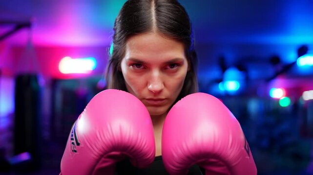 Determined female boxer with pink gloves prepares for fight in neon lit gym