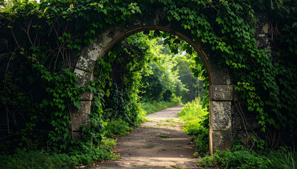 Old stone arch covered in lush green vines, abandoned garden path, magical portal atmosphere