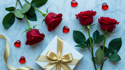 Luxurious Flat Lay Composition of Red Roses, White Gift Box with Gold Ribbon, and Red Hearts on Marble Background